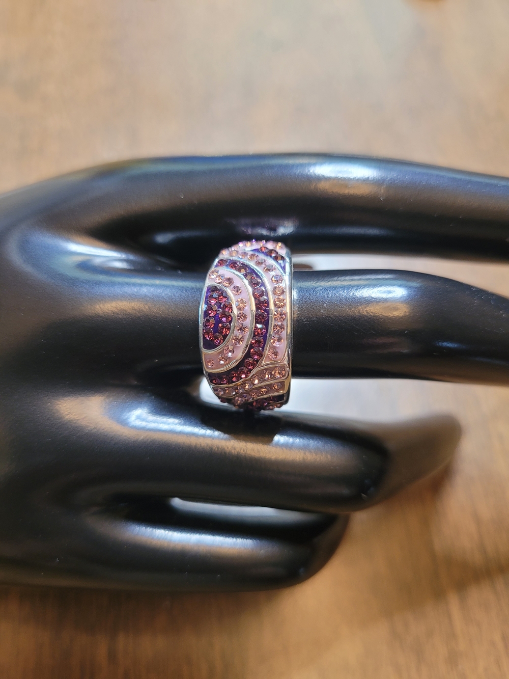 MC Signed Pink Purple Crystal Rhinestone Statement Ring Silver Tone Size 8